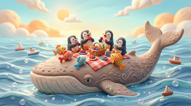 3D clay illustration of a joyful picnic party happening on the back of  whale. 