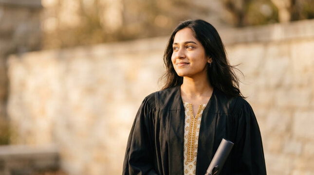 A proud Indian female graduate wearing a black academic gown and holding a diploma scroll on campus during golden hour.   