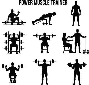 Power Muscle Trainer Silhouette Set of Weightlifting and Fitness Exercise Poses Isolated on White