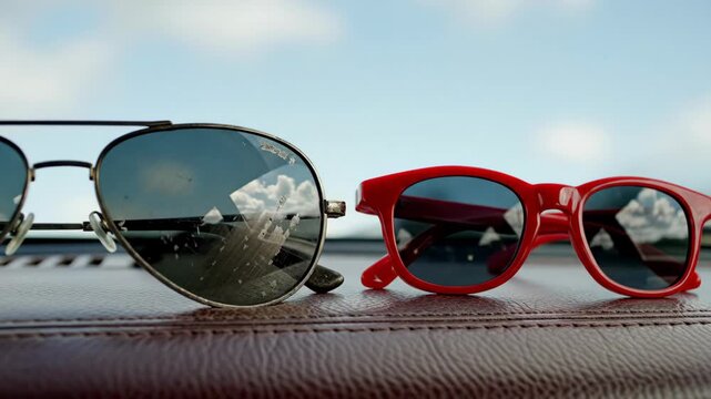 Pair of sunglasses resting on a car dashboard under a clear blue sky. Reflective eyewear showing landscape view. Automotive accessory travel and summer concept