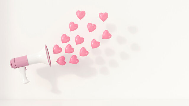 Megaphone with pink heart-shaped balloons as sound waves, 3d rendering