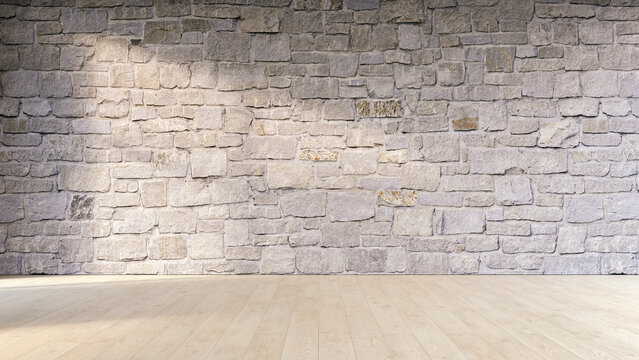 Natural stone wall and wooden floor, 3D Rendering