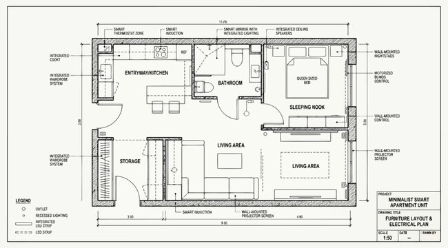 Minimalist smart apartment unit c furniture layout and electrical plan