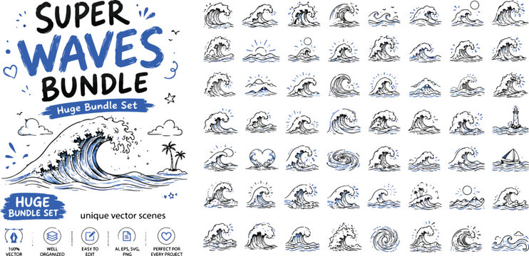 Hand Drawn Ocean Waves Bundle and Sea Surf Sketches Vector Set for Summer Branding, Coastal Apparel & Surf Shop Graphics (EPS)