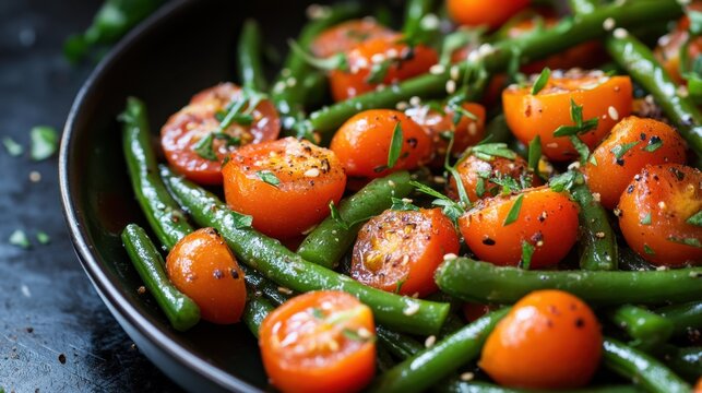 Fresh green bean and cherry tomato salad with herbs and spices