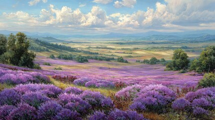 Fototapeta premium Vast lavender fields stretching across rolling hills under a cloudy sky