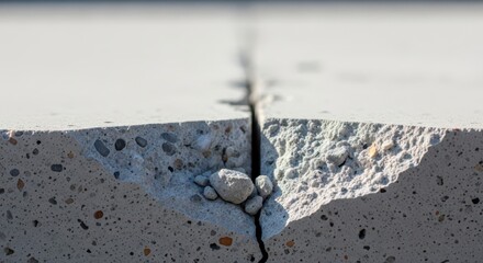 Close up macro view of a deep crack running through weathered gray concrete surface with visible aggregate stones © Ooi