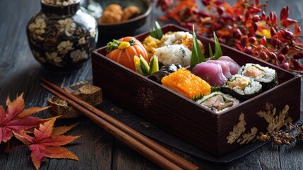 Elegant japanese bento box with sushi and autumn leaves on dark wooden table, Labor Thanksgiving Day