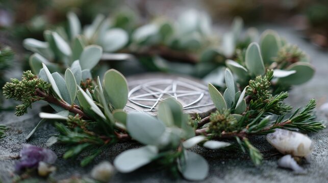 Mystical greenery wreath with silver pentacle in natural setting, Winter Solstice