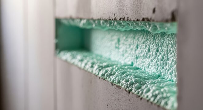 Close-up macro shot of expanding green insulation foam filling a gap in a rough concrete wall surface