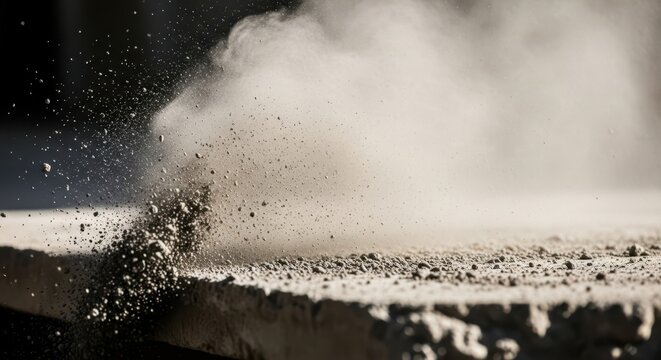 Close-up macro shot of dust and debris exploding from a concrete surface, capturing explosive motion and fine particles.