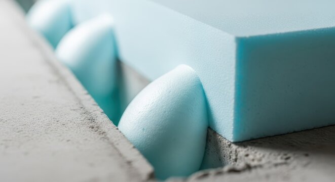 Close-up macro shot of light blue foam insulation material integrated within concrete construction elements.