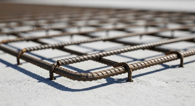 Close-up macro view of a steel rebar grid for concrete reinforcement in construction