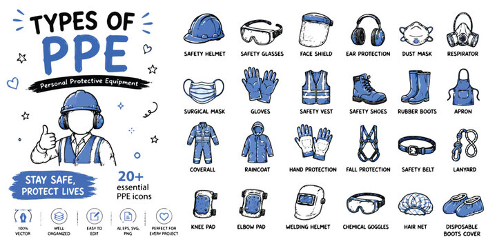 Personal Protective Equipment PPE Safety Icon Set Illustration Vector for Industrial Training, Occupational Health & Workplace Safety Posters (EPS)