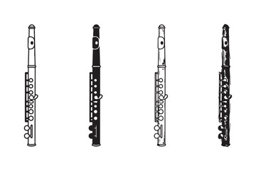 Four distinct black and white illustrations of a flute, shown vertically, covering various artistic styles: line art, silhouette, etching, and a doodle sketch. © Ірина Гринюк