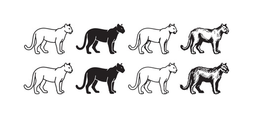 Fototapeta premium Set of eight black and white hand-drawn big cat illustrations, depicting pumas or panthers in varied artistic styles.