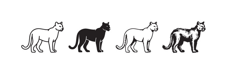 Fototapeta premium Set of four black and white hand-drawn big cat illustrations, depicting pumas or panthers in varied artistic styles.
