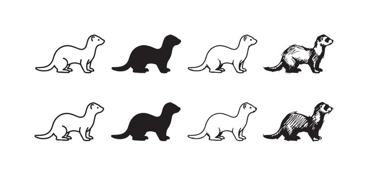 Collection of eight ferret or weasel icons in standing or trotting poses, showing diverse artistic styles