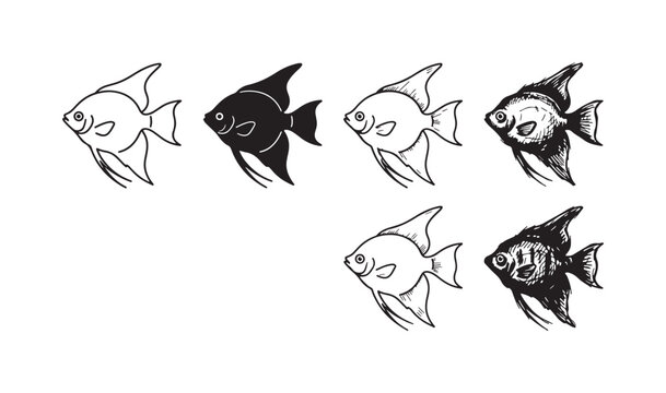 Six black and white angelfish illustrations in various styles: line art, silhouette, etching, and multiple doodle sketches.