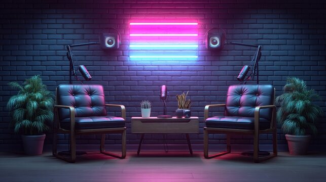 Modern podcast studio setup with neon lights and comfortable chairs for interviews
