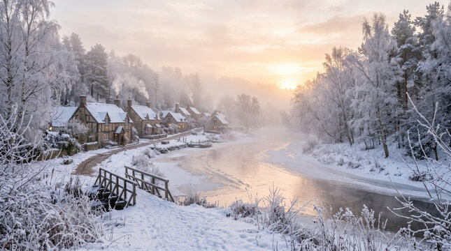 Serene winter village by frozen river at sunrise