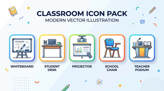 Classroom Icon Pack: Whiteboard, Desk, Projector, Chair, Podium - Modern Vector Art
