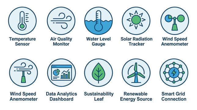 Smart Grid Technology Icons: Renewable Energy, Data Analytics, Environment Monitoring