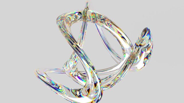 Transparent twisted glass torus with iridescent effect. Abstract reflection glossy shapes. 3d render 4K loop animation.