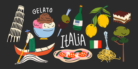 Italy travel culture and food elements collection in cartoon trendy style. Vector trip set with leaning tower, gondola, gelato, pasta, pizza, and lemon © luamor