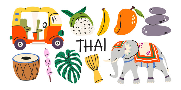 Traditional Thailand travel culture and food elements set. Vector hand drawn collection with elephant, auto rickshaw, tropical fruits and musical instruments