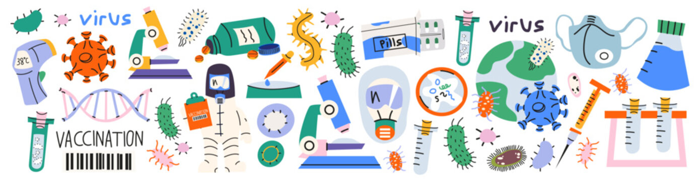 Big set of medical elements in bright cartoon style. Virus, bacteria, vaccination and lab research icons. Vector collection of healthcare, science and medical elements
