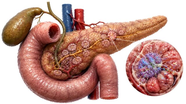 Human pancreas featuring anatomically accurate pancreatic anatomy, duodenum, bile duct, gallbladder, vascular structures, and microscopic insulin regulation visualization.