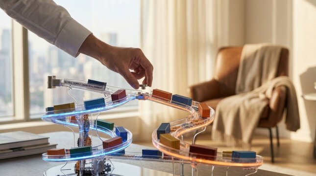 A person's hand holding a model of a building demonstrating architectural design in supply chain realignment concepts