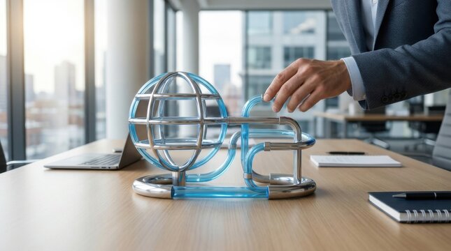Individual placing a sphere into a glass sphere demonstrating unique concepts of supply chain realignment and innovation