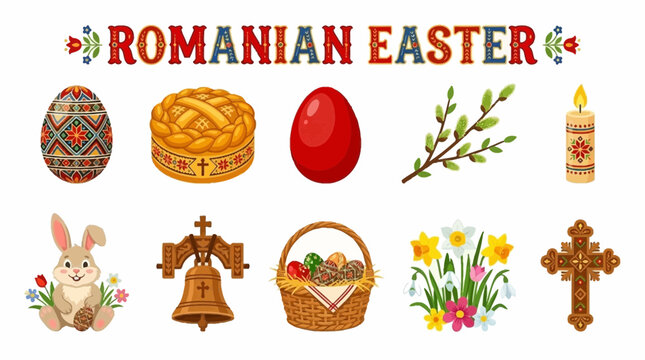 Romanian Easter Symbols Collection Vector Illustration.
