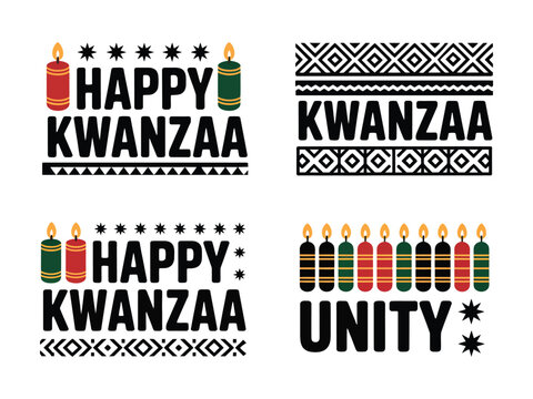 Happy Kwanzaa illustrations with red green black candles and African inspired geometric patterns celebrating unity and heritage