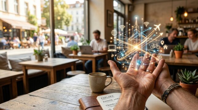 Individual's hand holding smart device featuring star design representing creativity in a nomadic lifestyle