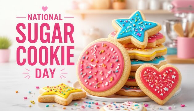 National Sugar Cookie Day Celebration: A vibrant display of festive sugar cookies decorated with colorful icing and sprinkles, perfect for celebrating National Sugar Cookie Day.