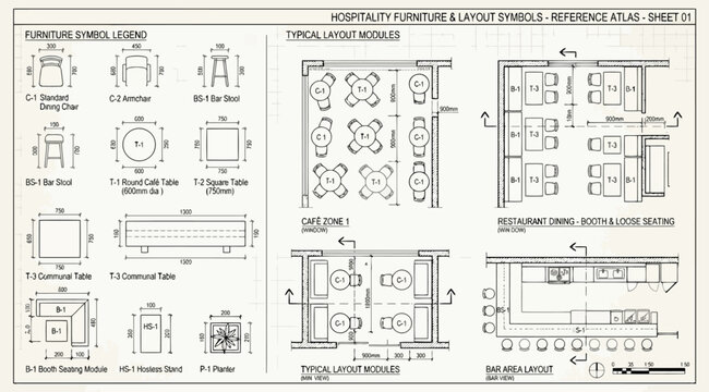 Hospitality furniture and layout exercise reference atlas sheet with furniture symbols