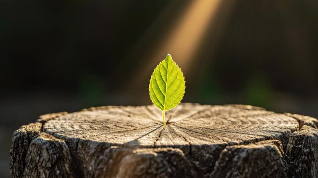 Sprout growing out of a wooden tree stump. Small green plant emerging on wood log in sunlight. Conceptual metaphor for business growth, development and ecology