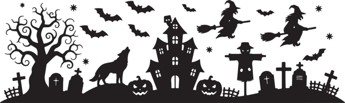 Halloween silhouette illustration featuring a spooky haunted house on a hill, a full moon, flying bats, carved pumpkins, and tombstones in a graveyard against a dark night sky background.