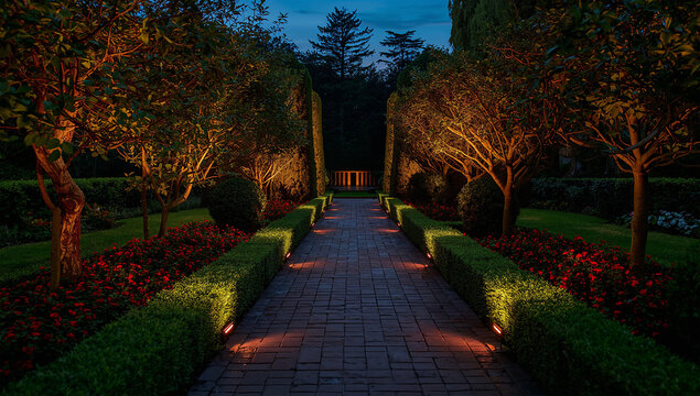 夜の庭園でレンガ道の照明が花壇と芝生をやさしく照らす風景