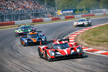 Obraz premium A dynamic scene from a Formula One race track. Cars are in motion, navigating sharp turns on the asphalt with fans and advertising boards in the background.