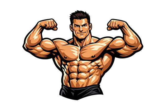A cartoon illustration of a man flexing his muscles with bicep definition and muscular build.