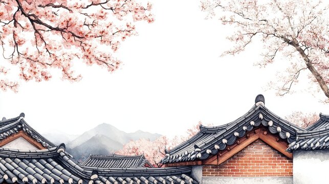 Korean traditional brick wall in seoul city road,south korea, sakura or Beotkkot flower in Korean language, Korean hanok roofline,spring season concept.