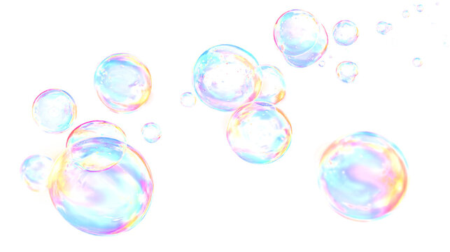 Flying soap bubbles on a transparent isolated background. Soap bubbles from detergent, cleaning, foam. Soap bubbles PNG.