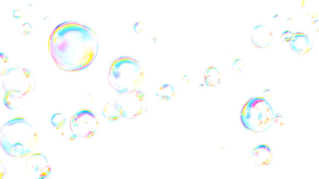 Flying soap bubbles on a transparent isolated background. Soap bubbles from detergent, cleaning, foam. Soap bubbles PNG.