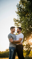 Fototapeta premium Couple embracing outdoors during sunset, bathed in warm golden light, representing love, connection, and shared moments