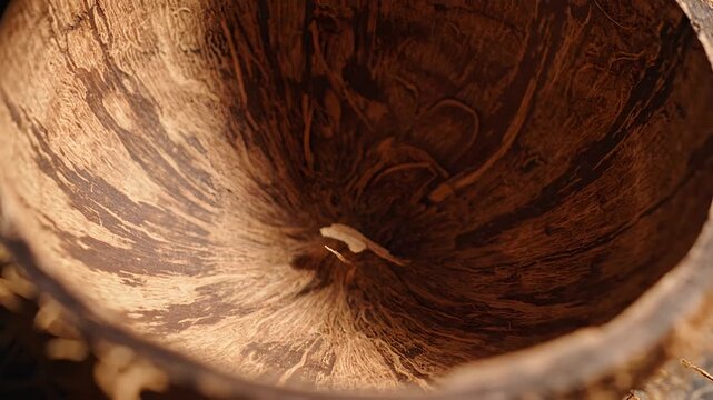 Closeup of the inside of a coconut shell with fibrous texture.