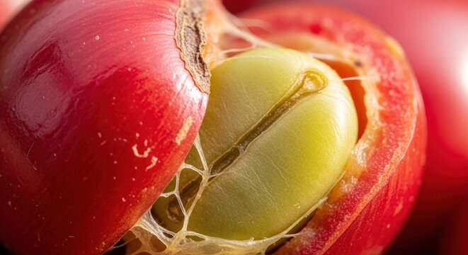 Close-up of a ripe red coffee cherry revealing its inner green bean and fibrous pulp.